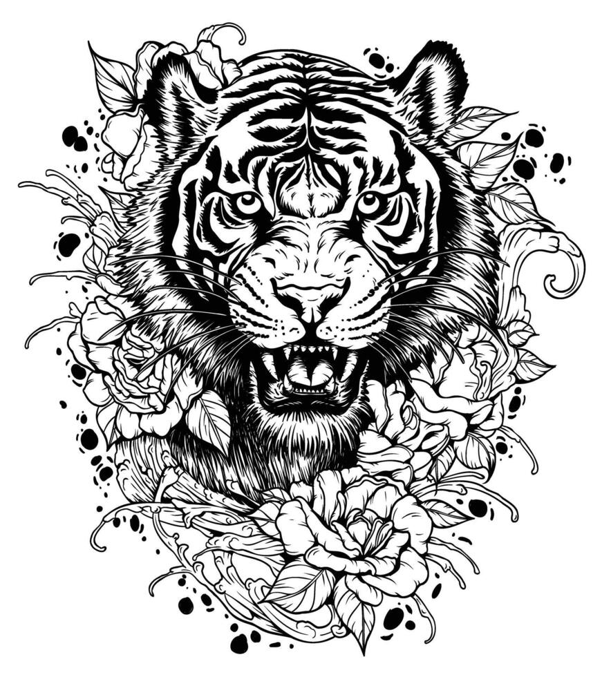 Tiger tattoo with flowers,Strength and gentleness are forged together through meticulously hand-drawn tattoos vector