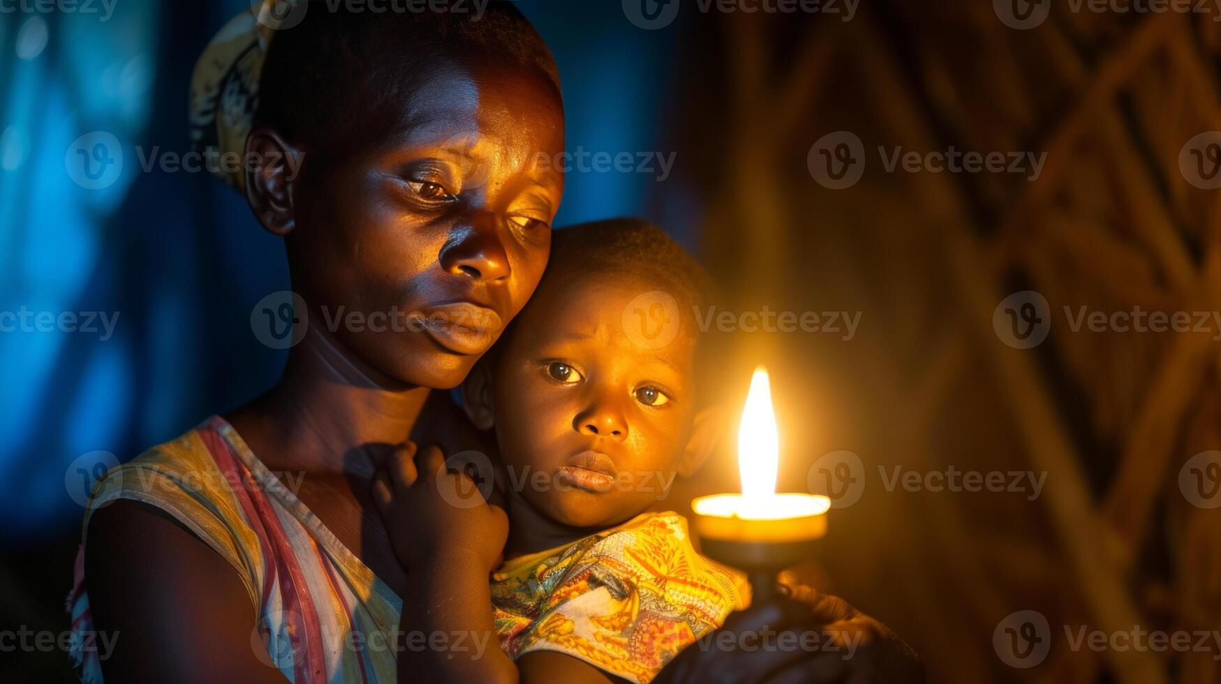 AI generated The candlelight and shadows of a mother and child facing malaria in a modest home photo