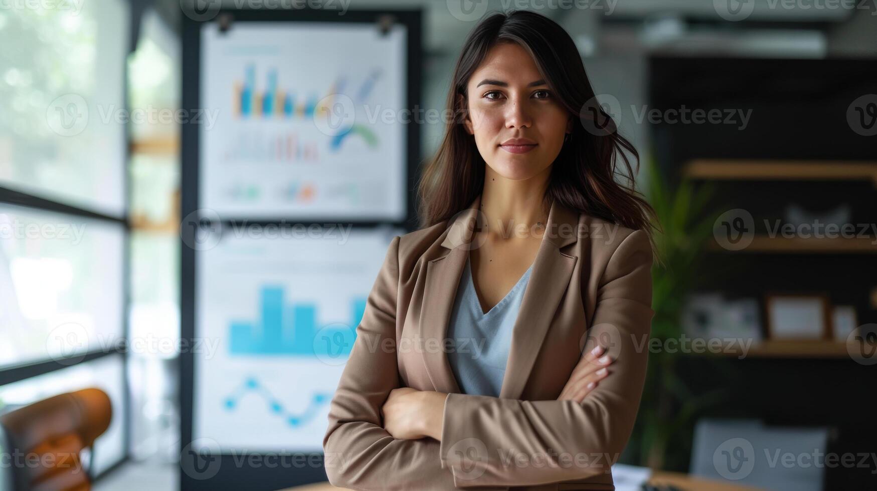 ai generado un confidente mujer de negocios en un sala del consejo con cartas y gráficos demostración positivo resultados, representando el logros foto