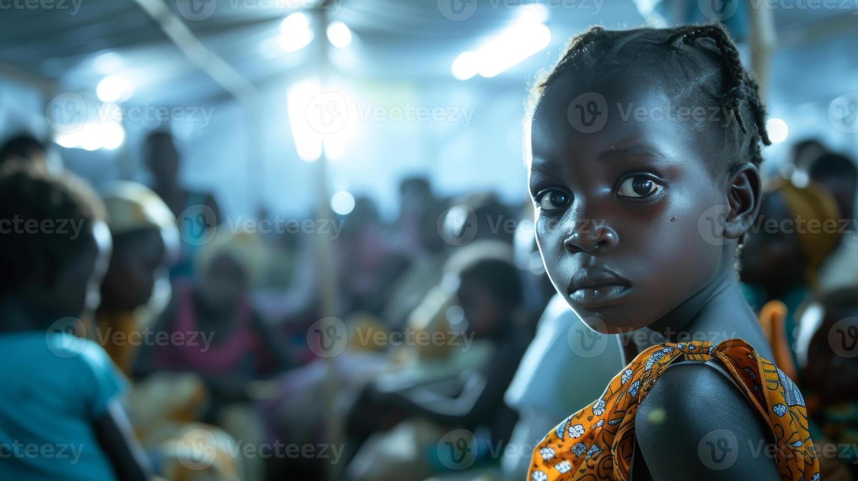 AI generated A clinic scene of a young girl receiving malaria treatment surrounded by other patients and harsh lights. photo