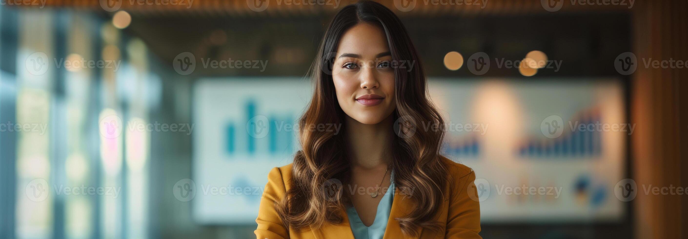AI generated businesswoman standing in a boardroom with charts and graphs displaying successful outcomes photo