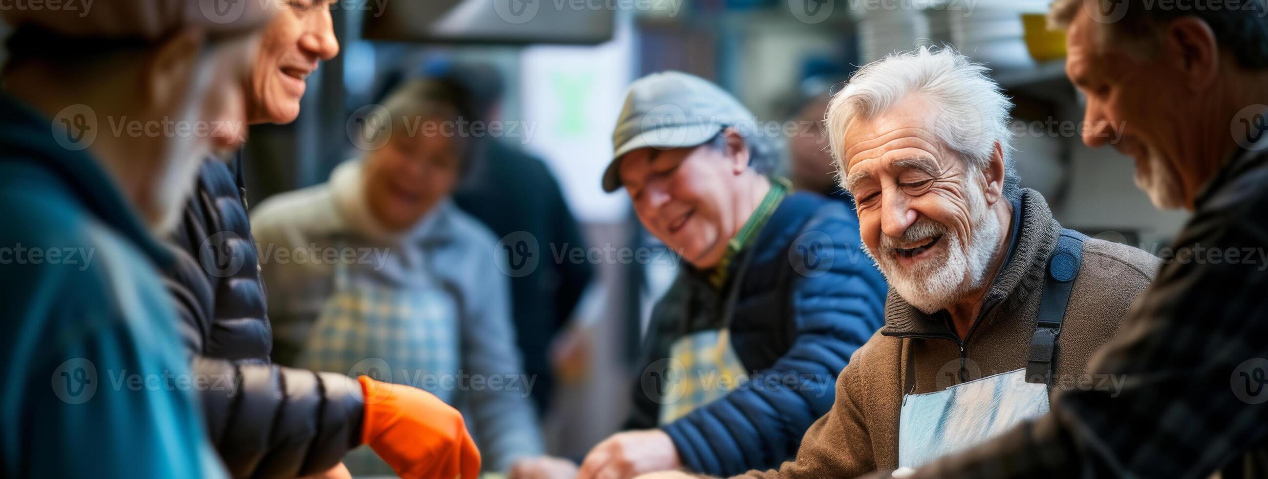 ai generado compasivo bebé boomers trabajar como voluntario a sopa cocina para el pobre. foto