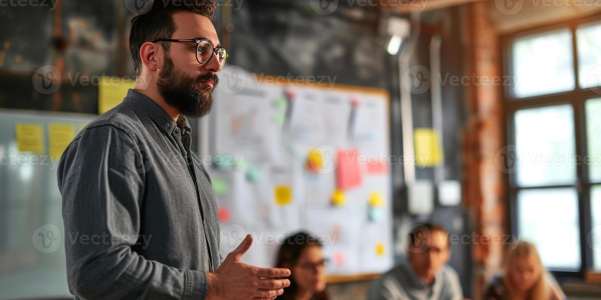 AI generated Startup founder leading a workshop on strategic visioning and goal alignment photo