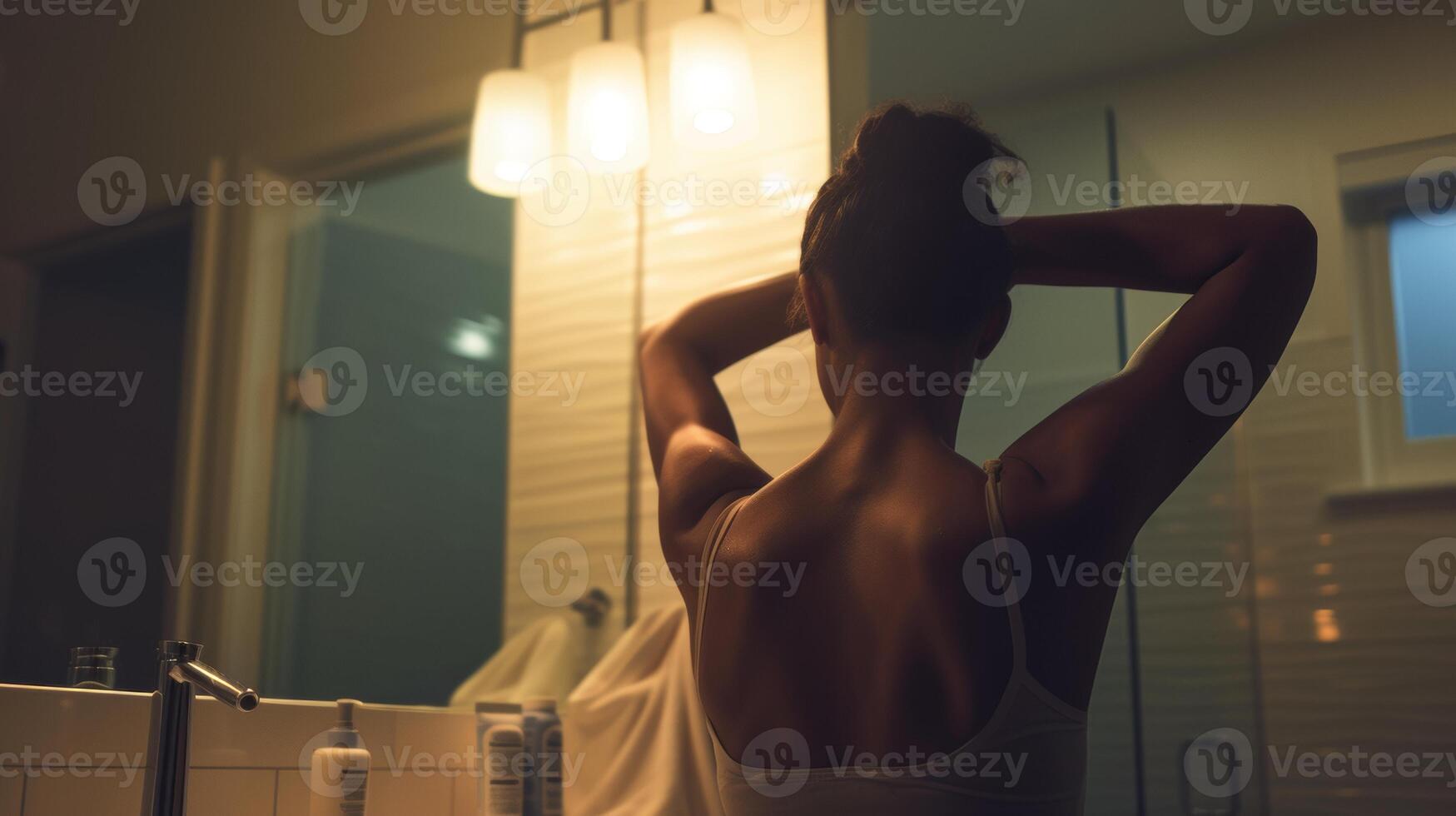 AI generated A woman with back pain stretching in front of a mirror. photo