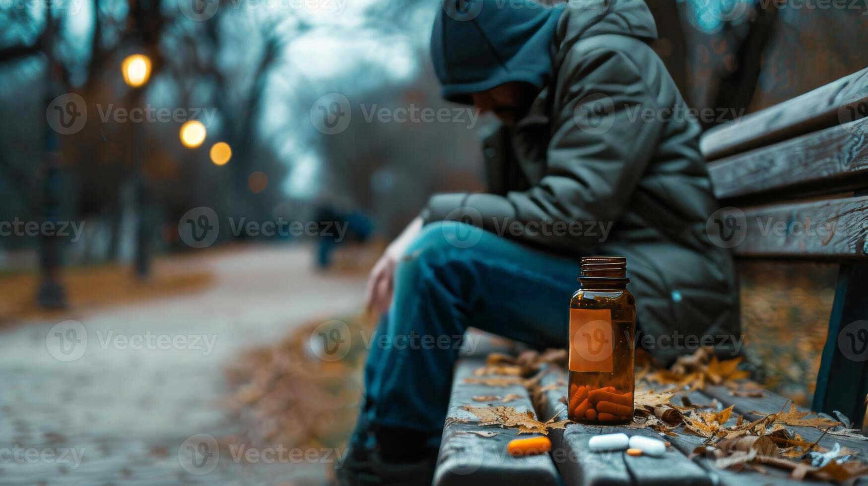 AI generated A man in pain on a park bench with medication and water photo