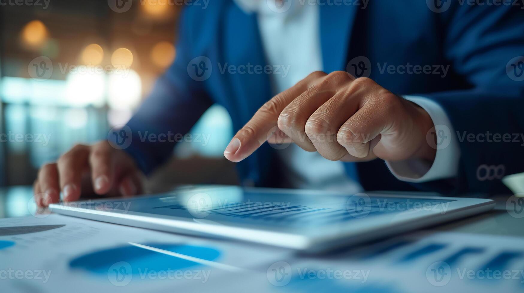 AI generated A businessman analyzing financial charts and graphs on a tablet for business expansion photo