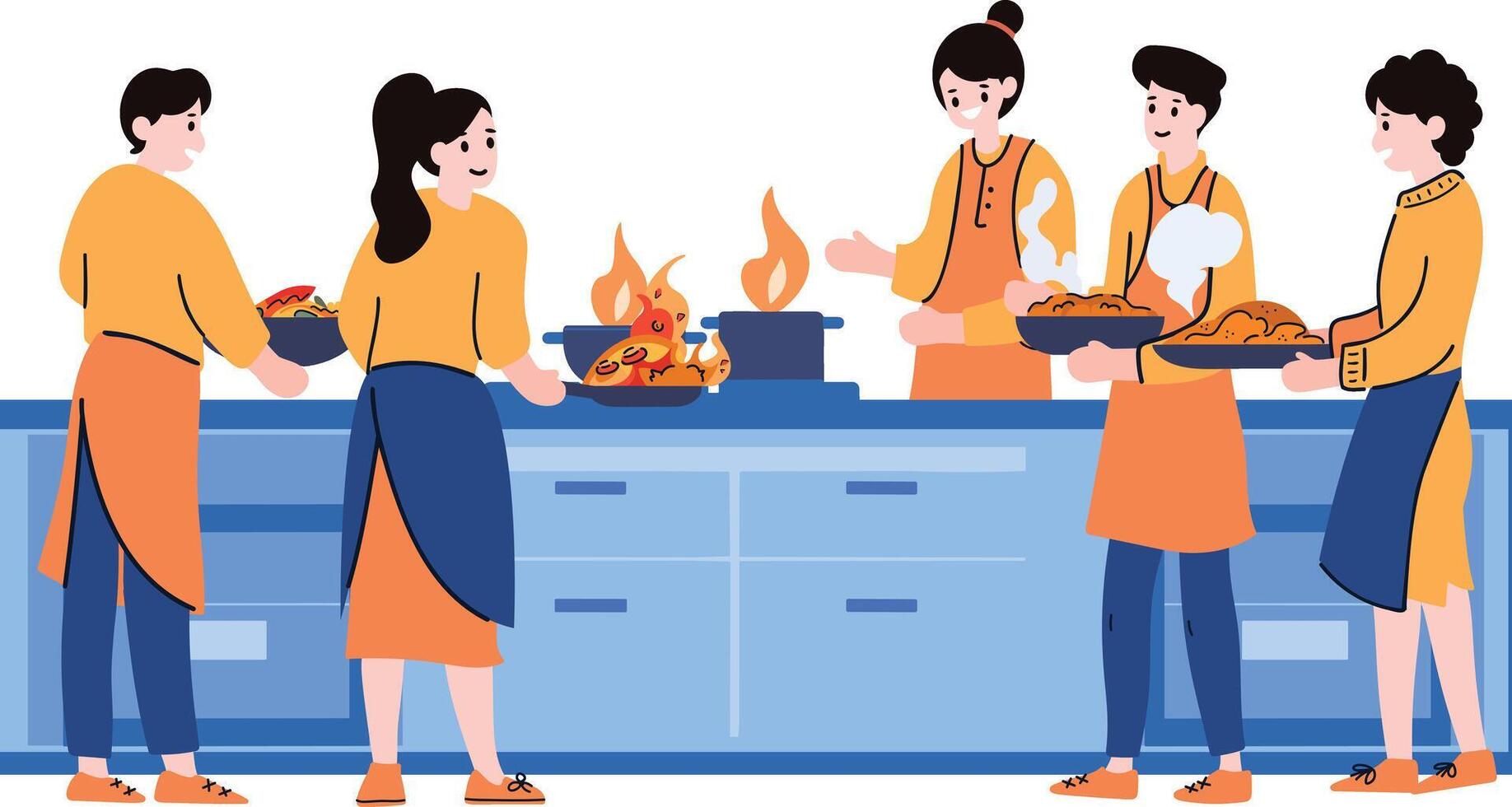 People cooking together flat style isolated on background vector