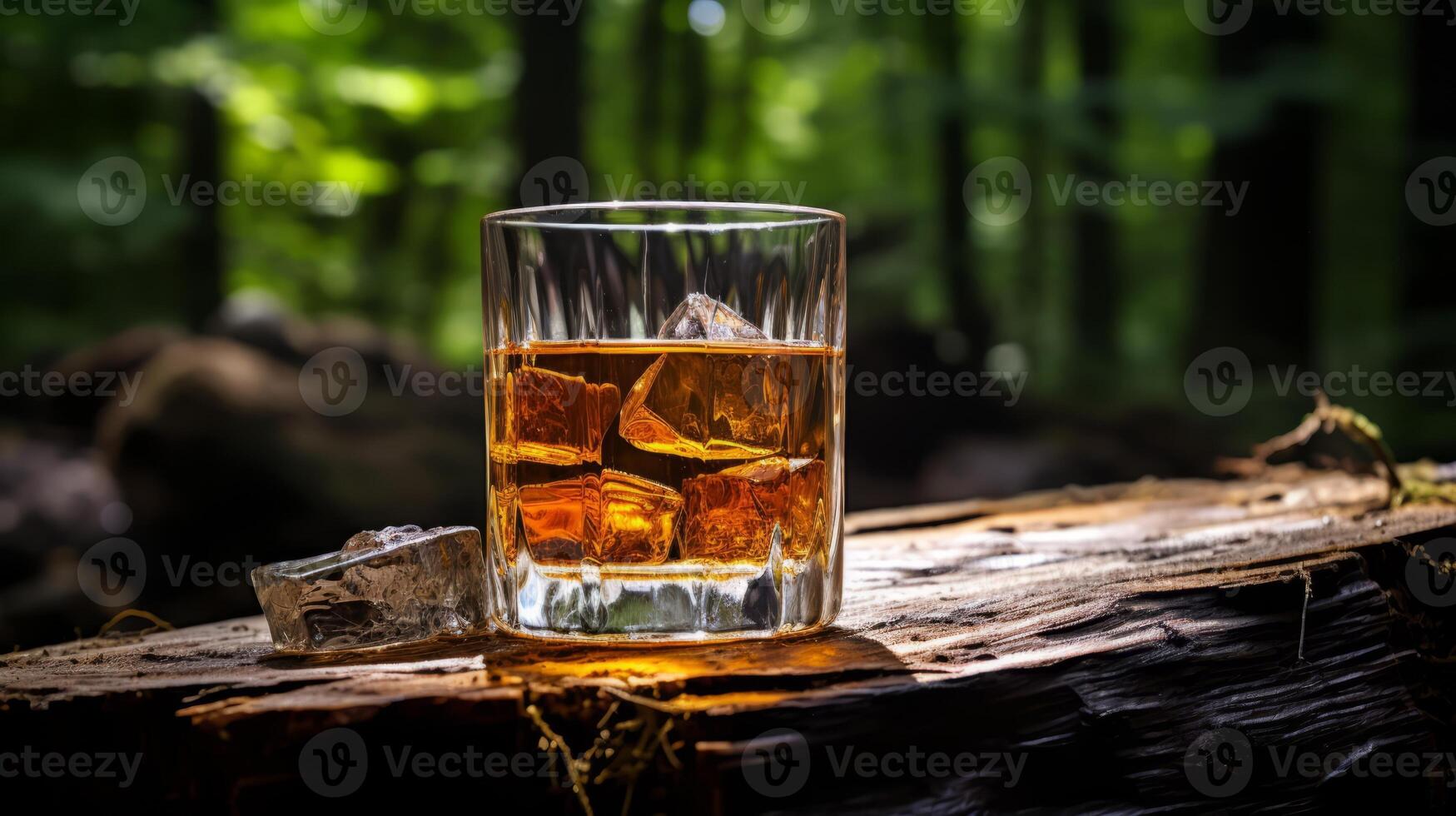 AI generated Whiskey on the rocks in the woods. Selective focus. photo