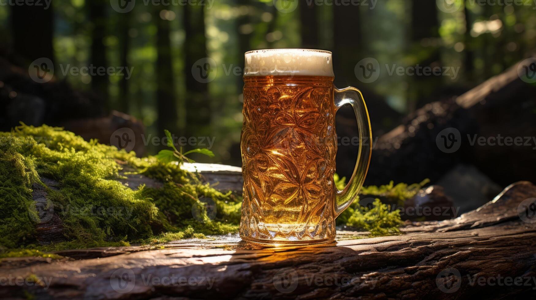 AI generated A glass of beer on a log in the forest with moss. photo