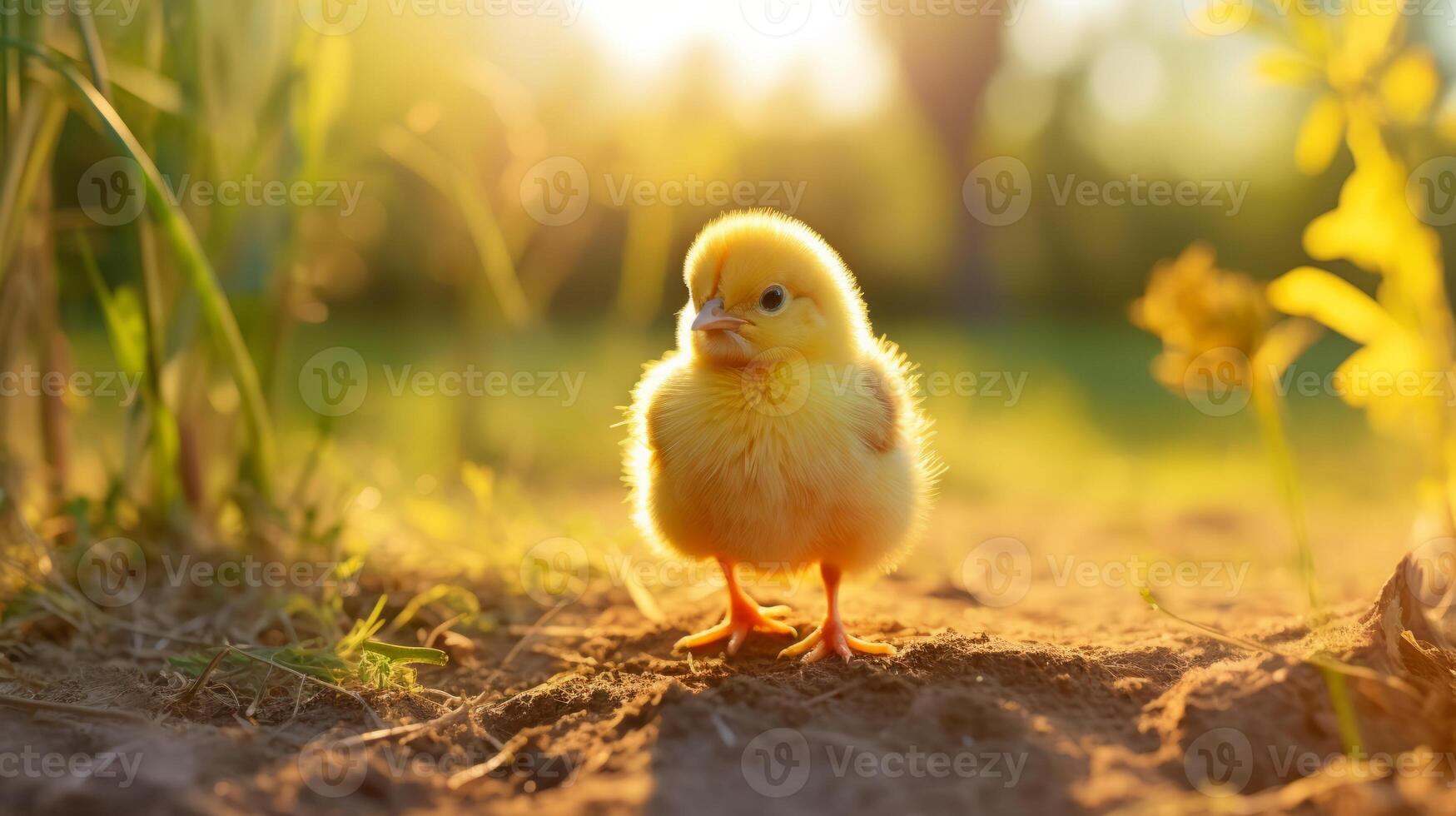 AI generated Little yellow chicken on the green grass in the rays of the setting sun photo