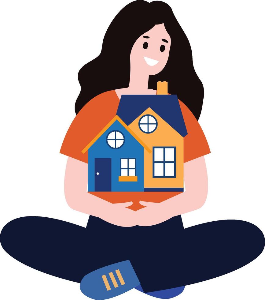 a woman holding house flat style isolated on background vector