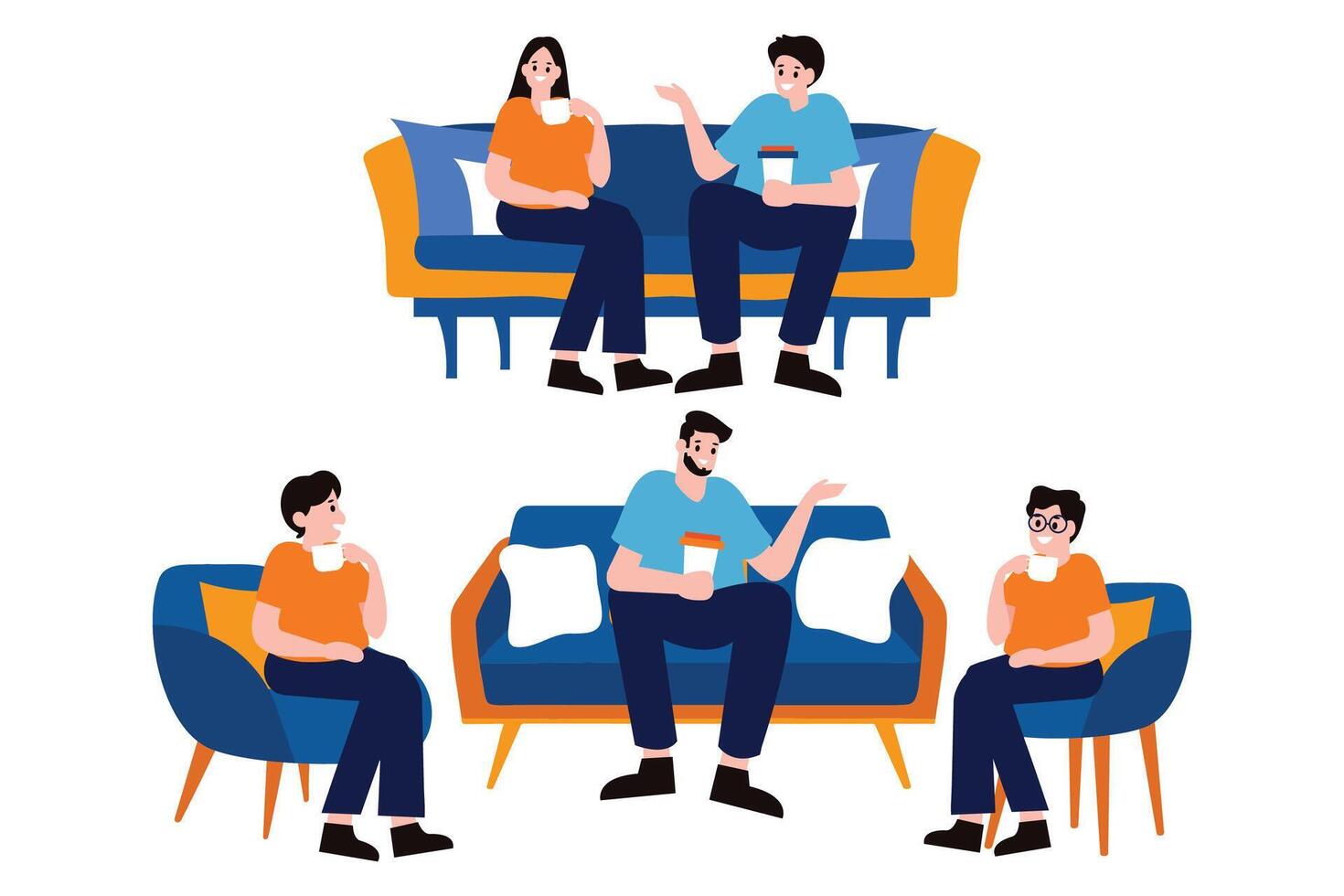 People sitting and talking on the couch collection flat style on background vector