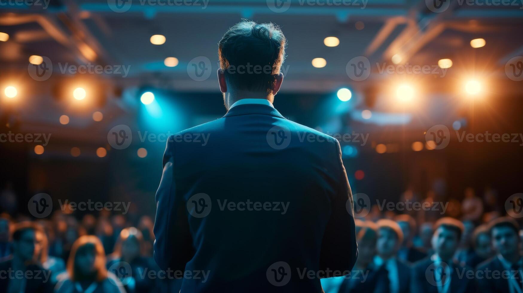 AI generated A successful entrepreneur delivering a keynote speech to a diverse and attentive audience at a business summit photo