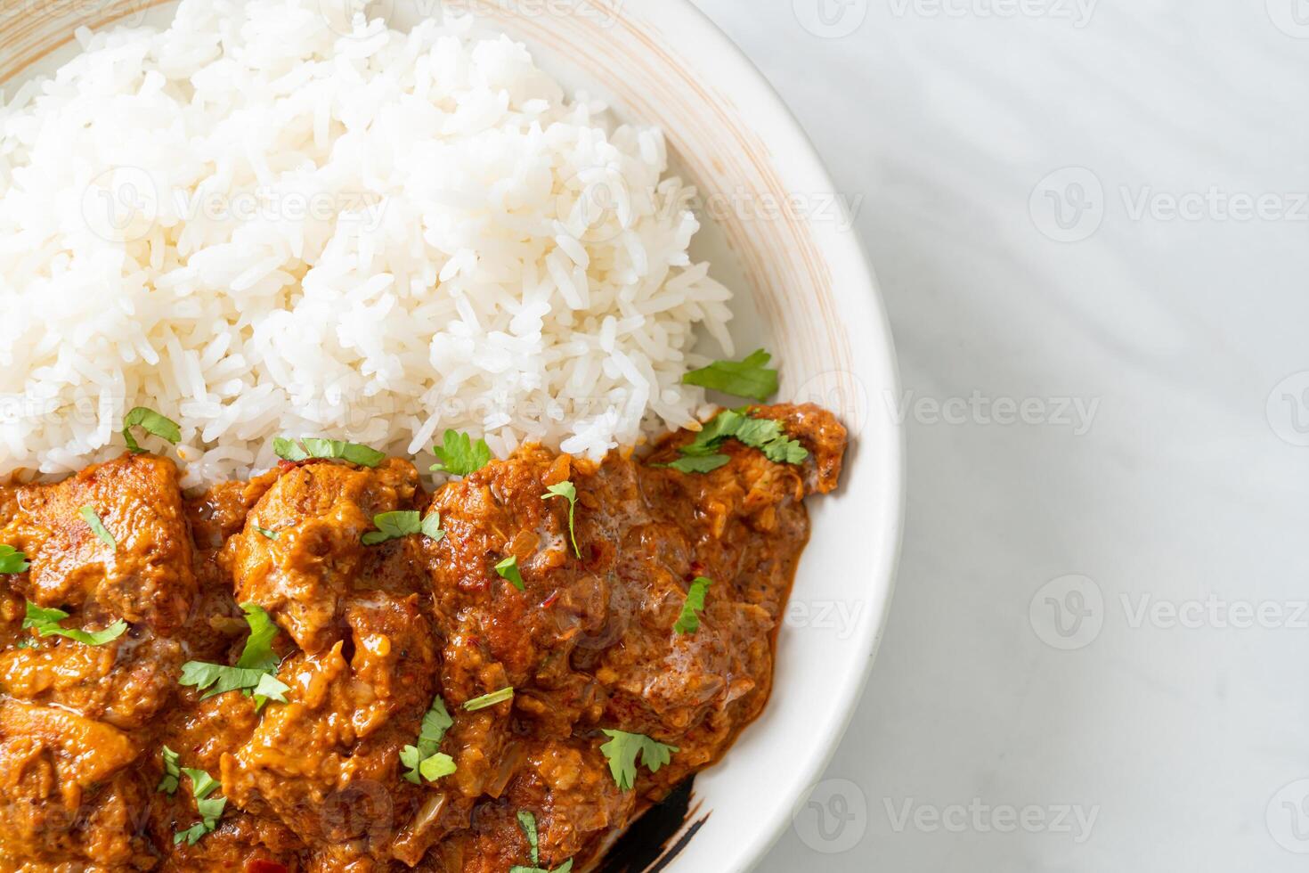 chicken tikka masala with rice on plate photo
