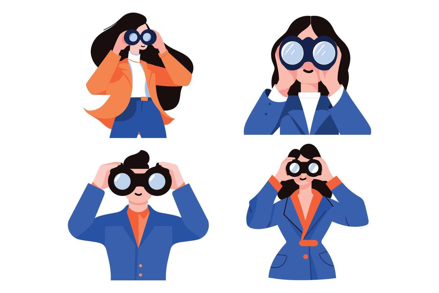 People looking through binoculars collection flat style on background vector