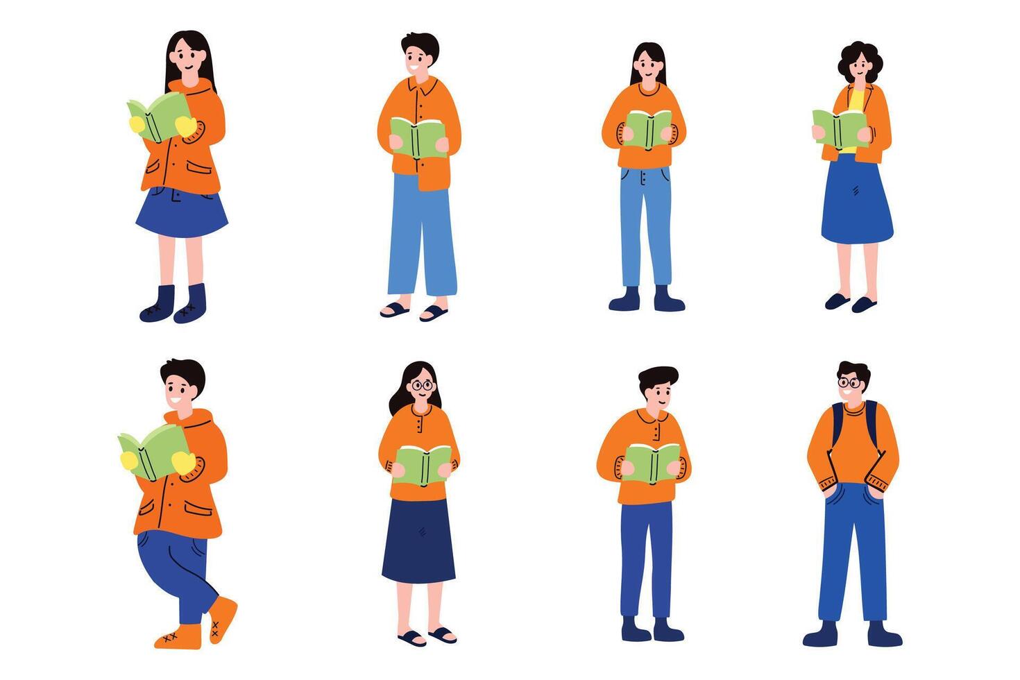 people reading book collection flat style on background vector