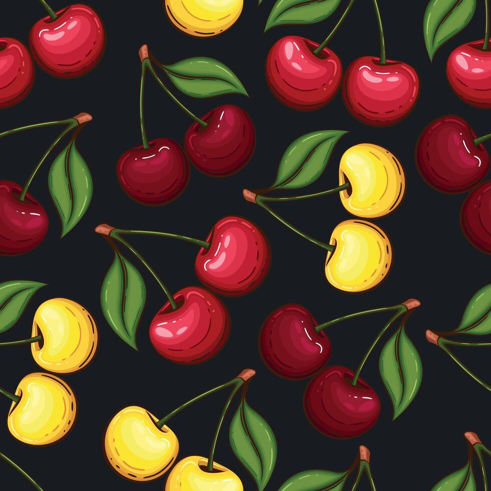 Colorful Seamless Pattern with fresh fruits.  Seamless pattern with cherry. Food Pattern. Fruits Background. Mixed fruits Pattern. Kitchen vibrant design. Hand drawn vector illustration