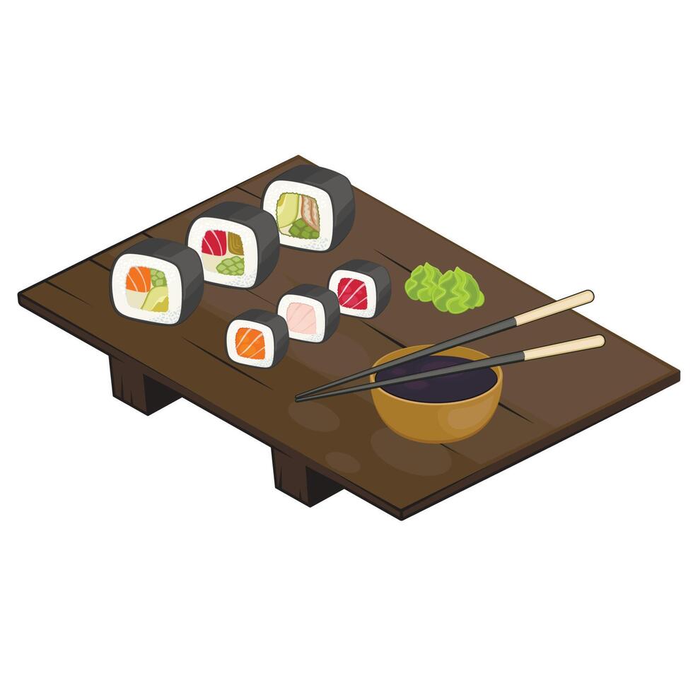 Asian Food Set of Onigiri, soy sauce, wasabi, sushi and fresh salmon. Japanese Food Concept. vector