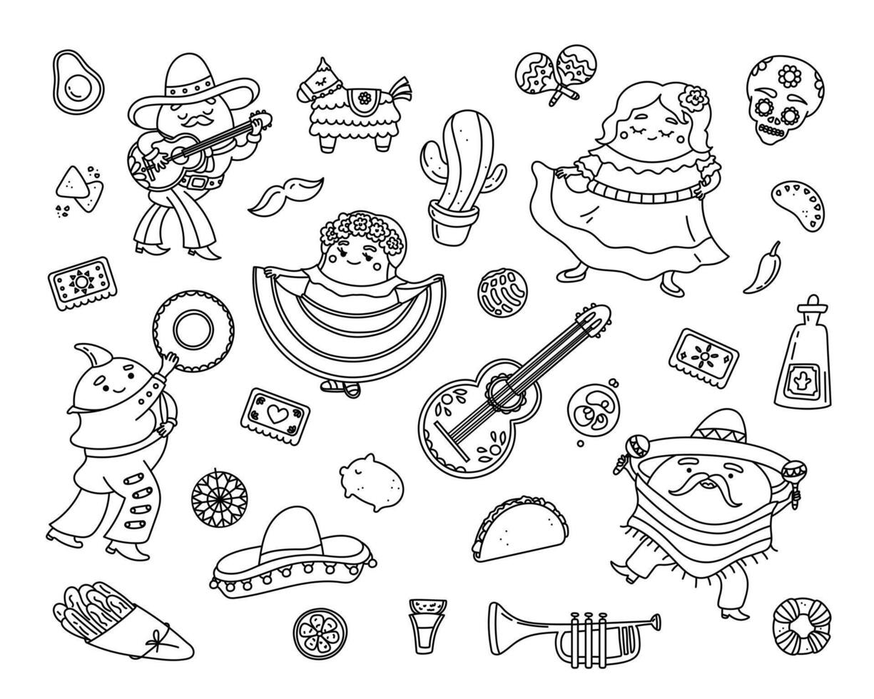 Outline vector illustration about Mexico. Collection Traditional Mexican symbols maracas, Mexican guitar, Latin dancers. Hispanic skull, sombrero,cacti, pinata, red chili pepper. Cinco de Mayo
