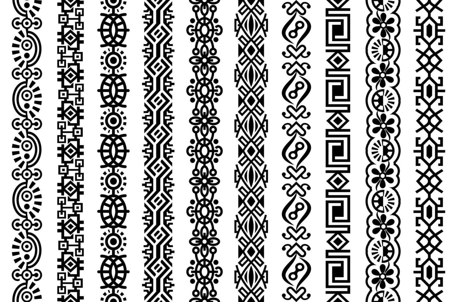 Abstract seamless universal vector vertical patterns. Abstract ornate geometric borders, frames, lace patterns with chained geometric design elements with black color, isolated on white background.