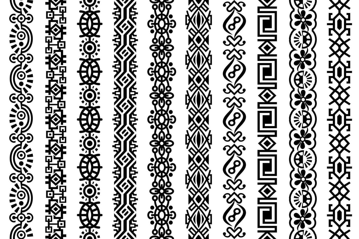 Abstract seamless universal vector vertical patterns. Abstract ornate geometric borders, frames, lace patterns with chained geometric design elements with black color, isolated on white background.