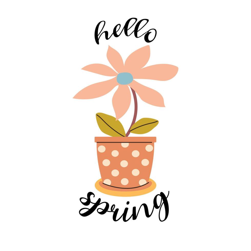 Hello spring quotes. Spring label with season calligraphy quotes, flowers. Positive phrases for stickers, postcards or posters. Vector illustration.