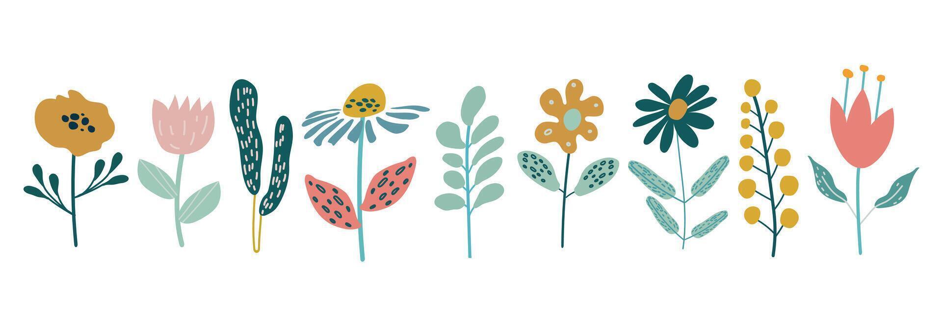 jardín floral plantas colocar. conjunto de vector ilustraciones de flores en garabatear estilo en un blanco antecedentes. plano vector ilustración.