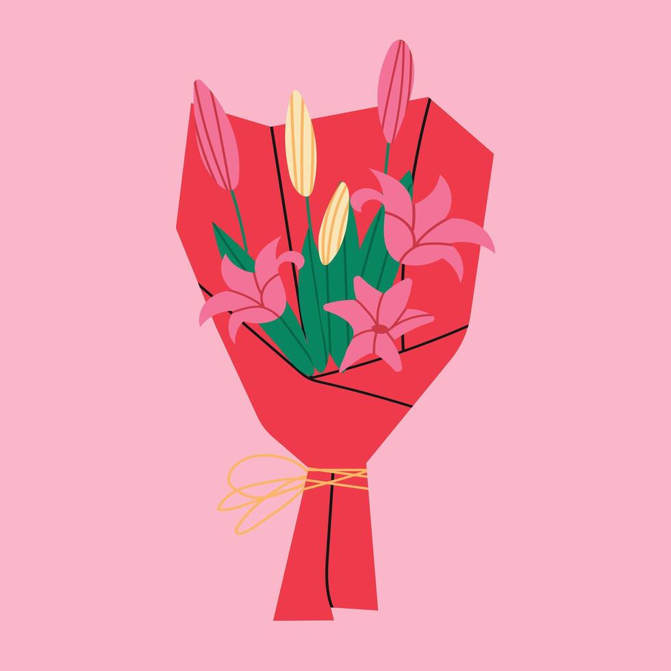 Bouquet of lilies on a pink background. Floral bouquet wrapped in gift paper. vector