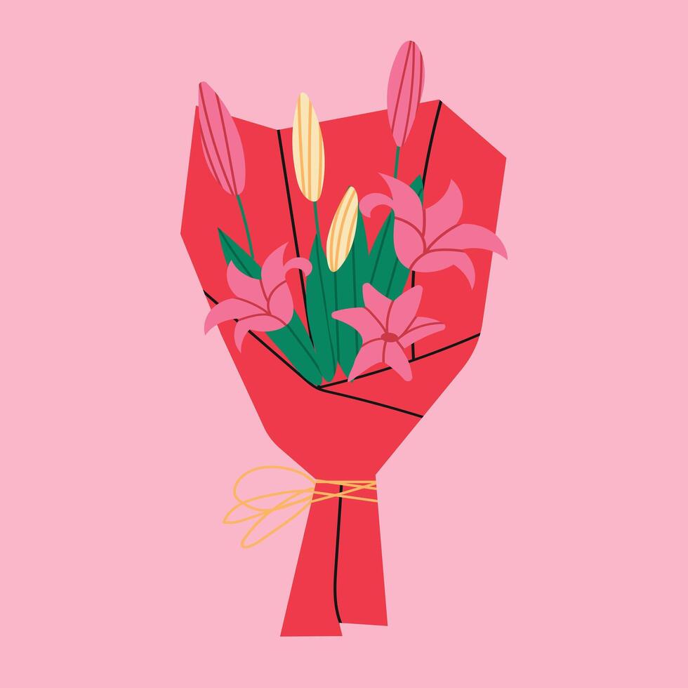 ramo de flores de lirios en un rosado antecedentes. floral ramo de flores envuelto en regalo papel. vector