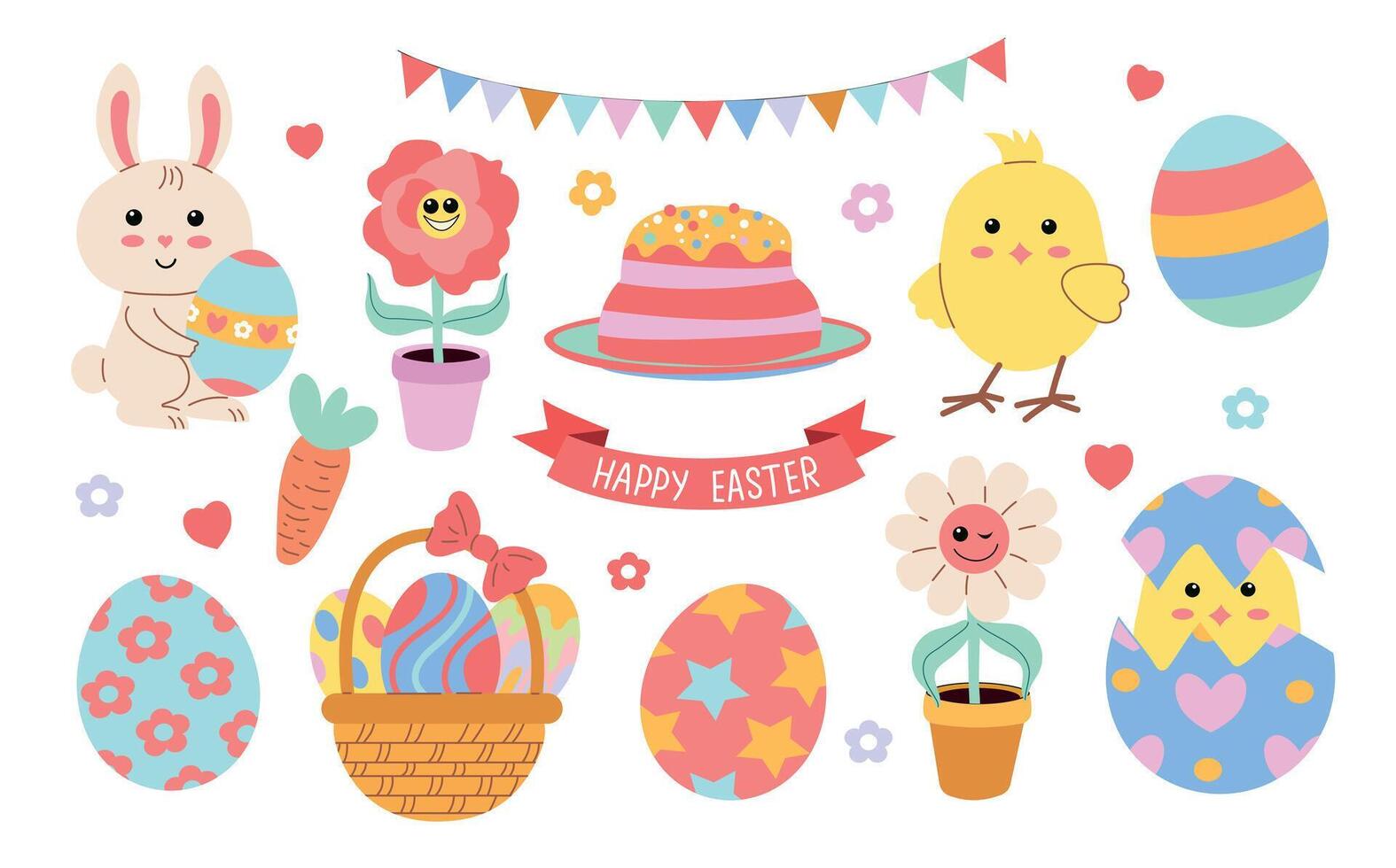 Cute Easter set. Flat vector cartoon design. Spring collection of Easter holiday objects, animals, flowers and decorations. For poster, card, scrapbooking , stickers.