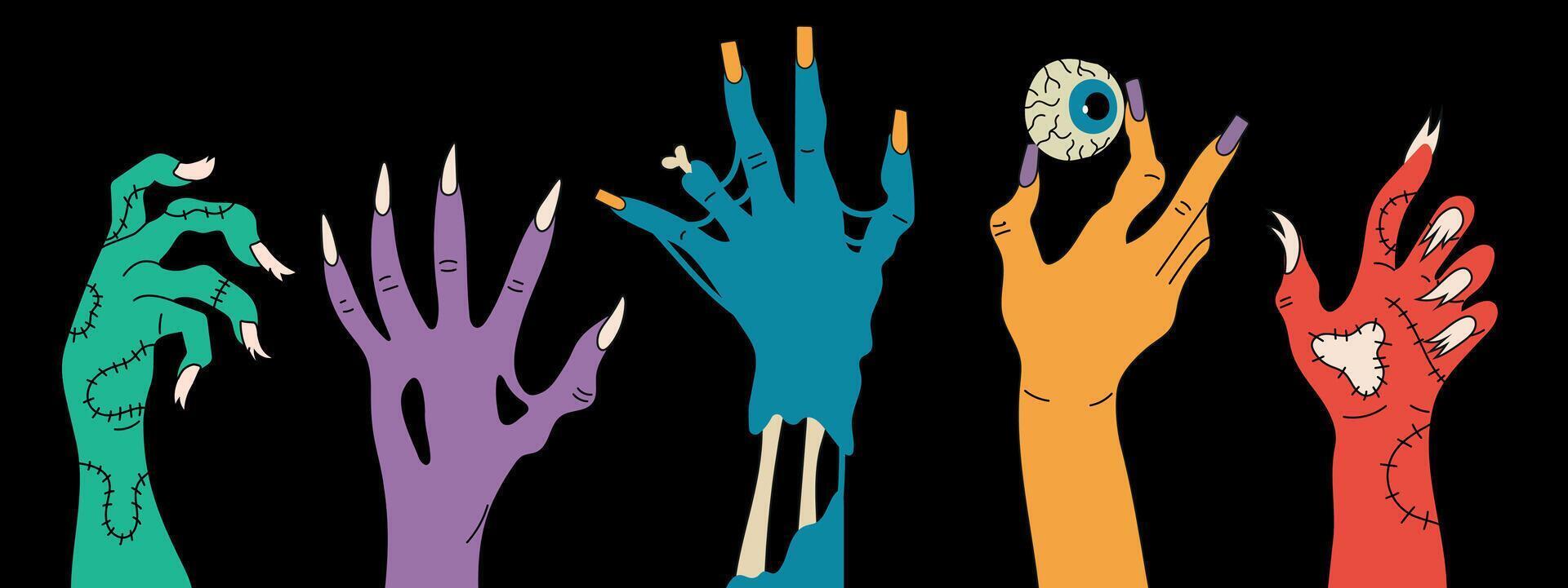 A set of zombie hands on a black background. Isolated collection of multi-colored hands with damage. Printing for Halloween party cards,T-shirts, stickers, mugs. Vector illustration.Halloween concept