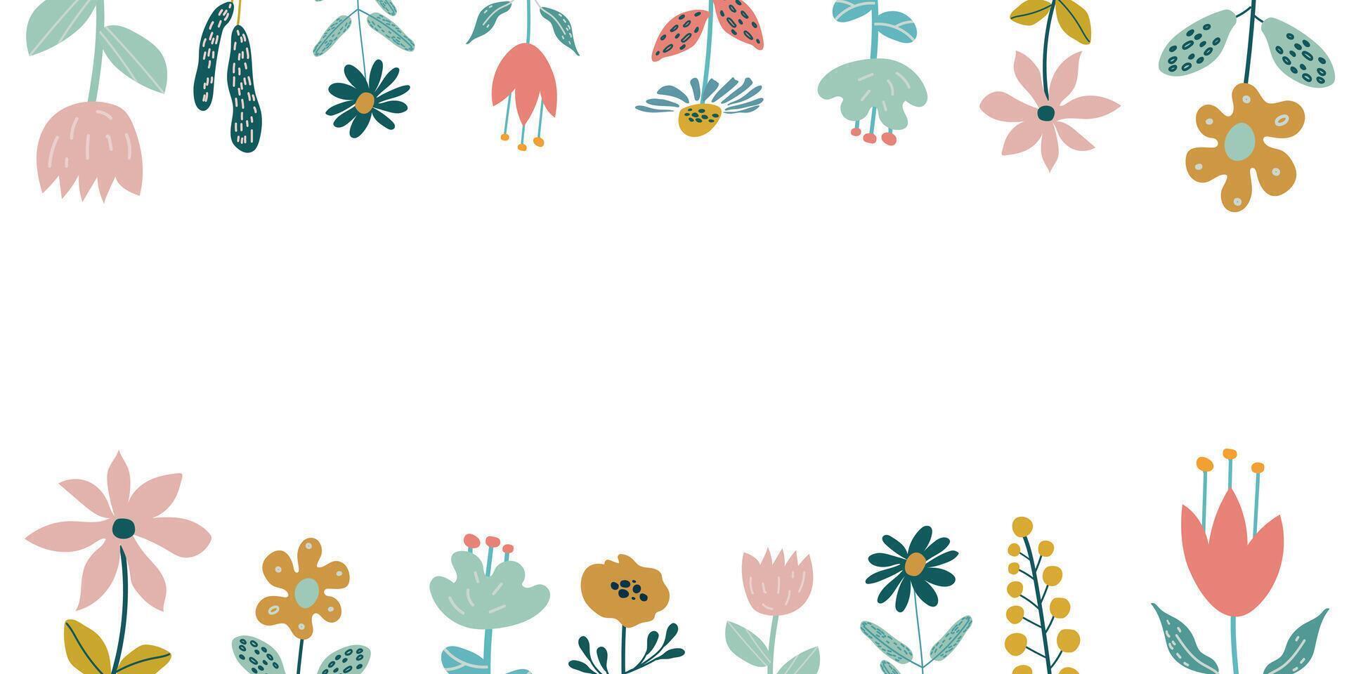 Spring background with flowers around the edge and place for text. Vector illustration of wildflowers in cartoon style. Template for cards, invitations, publications on social networks.