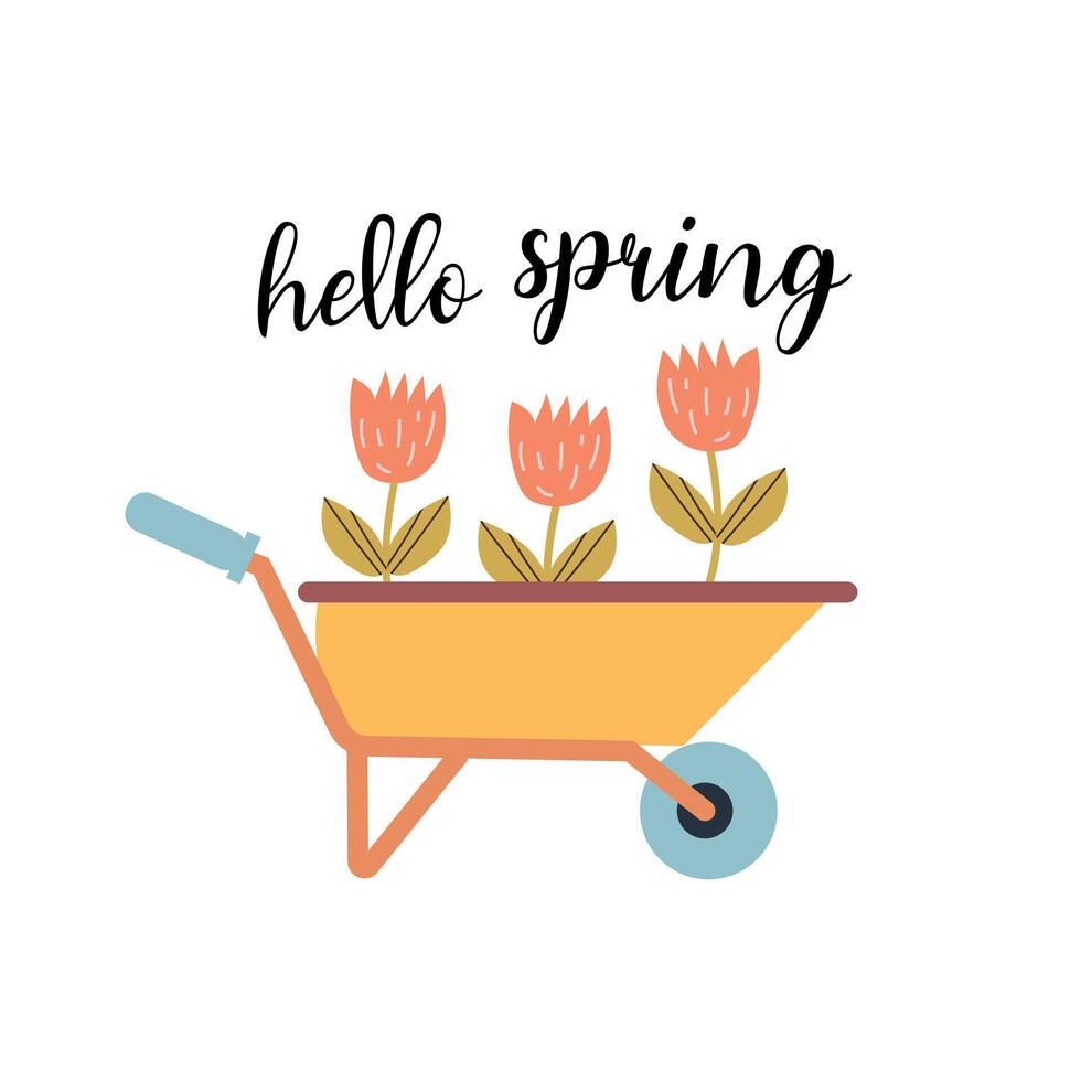 Hola primavera citas. primavera etiqueta con temporada caligrafía citas, flores positivo frases para pegatinas, postales o carteles vector ilustración.