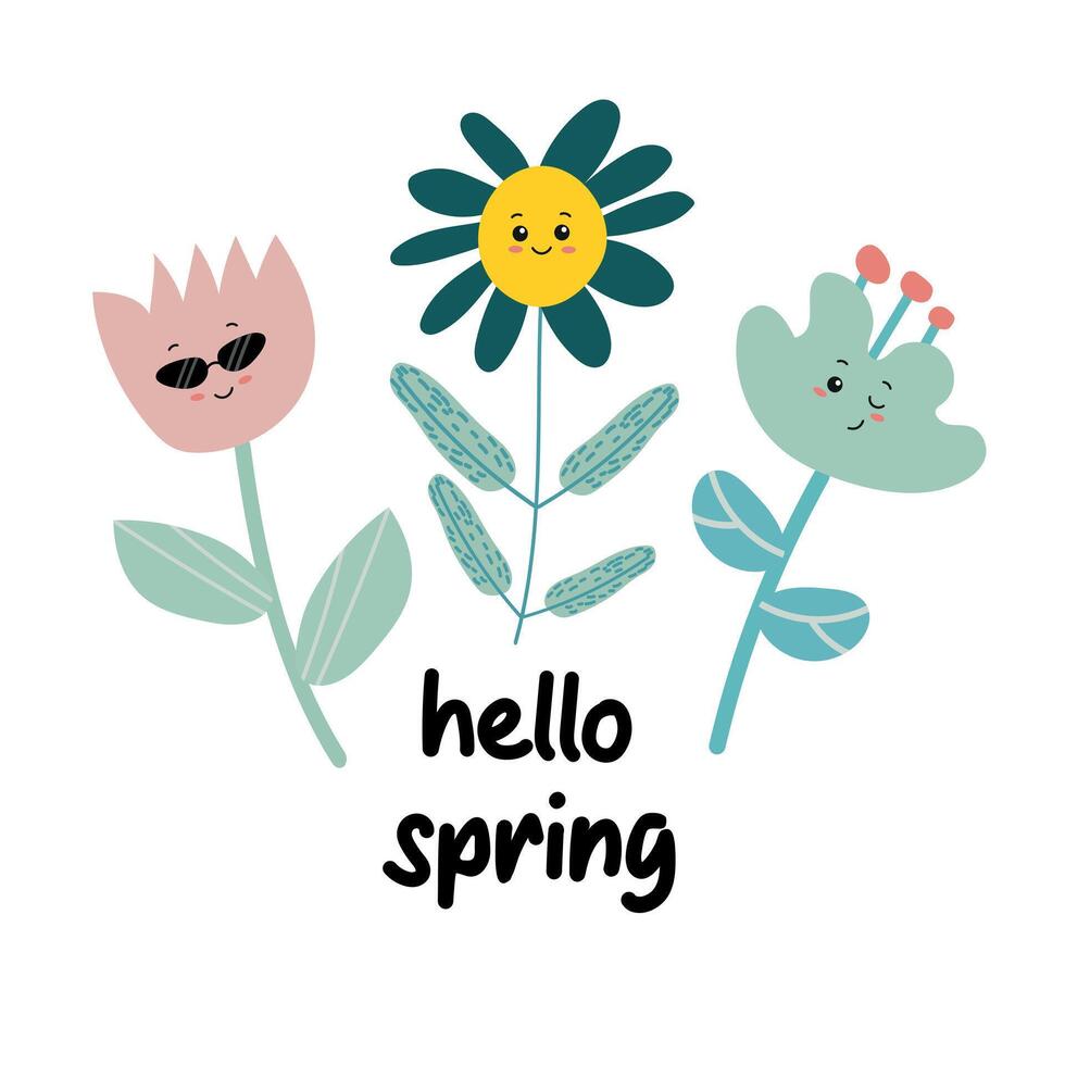 Beautiful floral design with text Hello Spring. Hello spring quotes. Springtime hand drawn prints design. Positive phrases for stickers, postcards or posters. vector