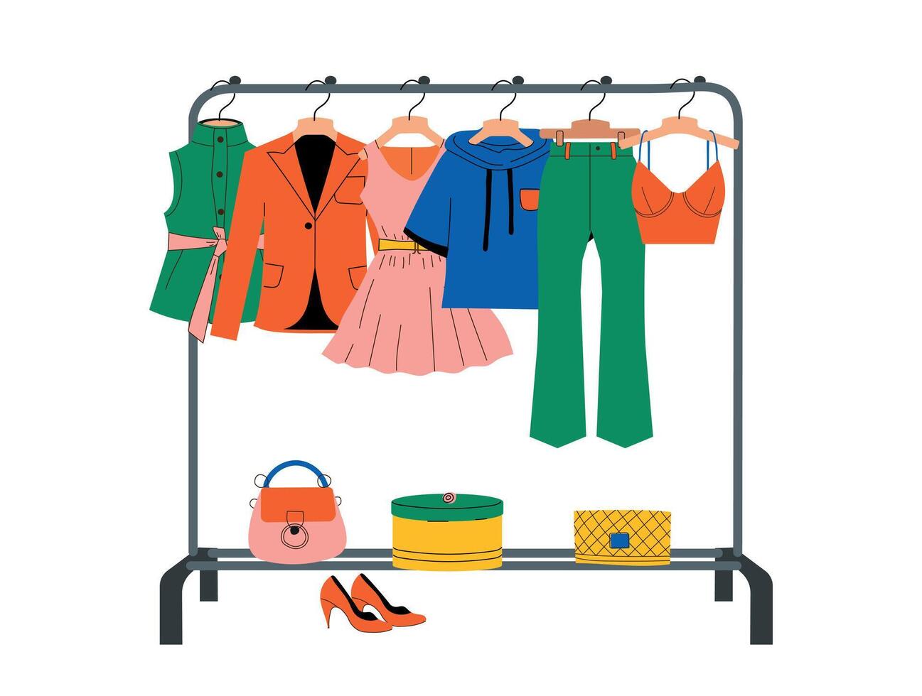 Clothes hanger with different casual woman clothes. Casual seasonal clothes. Boutique, personal wardrobe, assortment showroom, . Closet. Vector illustration in flat style.