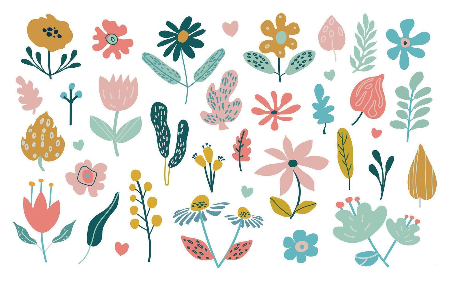 Isolated set with spring flowers and leaves in flat style. Spring art print with botanical elements. Kids design, for fabric, wrapping, textile, wallpaper. vector