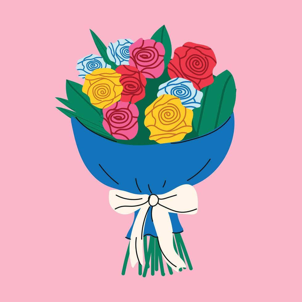 Bouquet of roses on a pink background. Floral bouquet wrapped in gift paper. vector