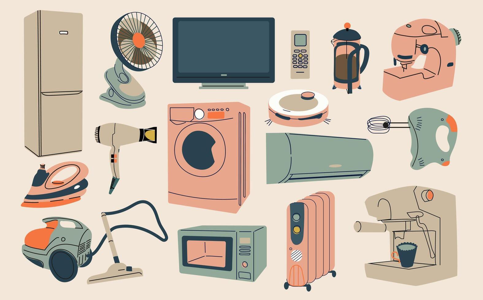 A set of household and kitchen appliances. Microwave oven, washing machine, refrigerator, coffee machine, vacuum cleaner, iron, blender, etc.. Vector isolated illustration.