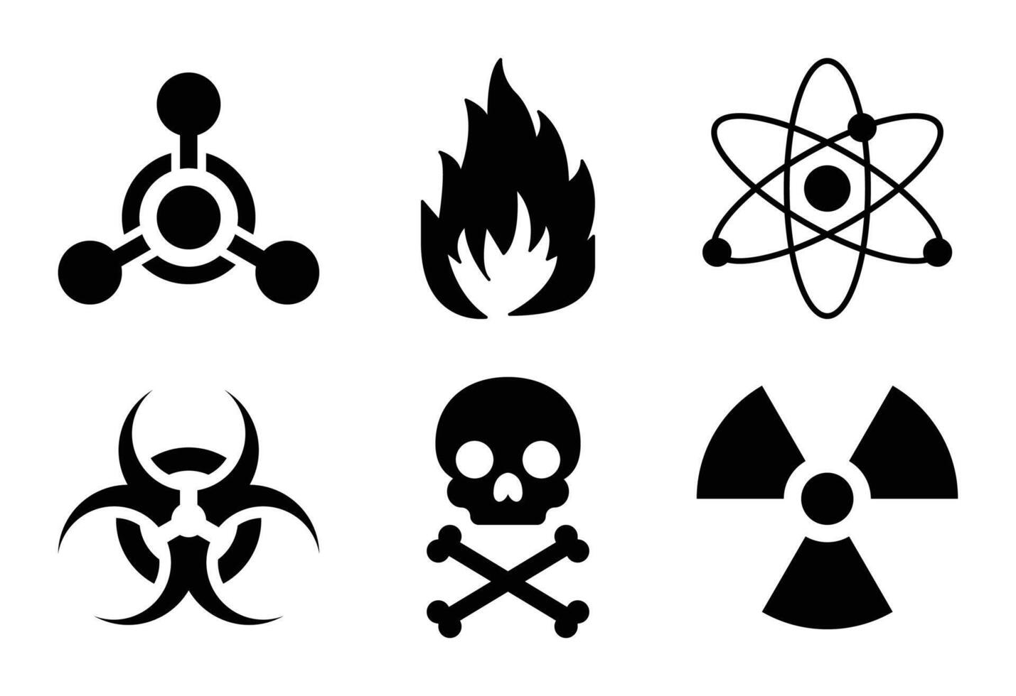 Danger Symbols Icon Set - Radioactive, Biohazard, Flammable, Toxic, Chemical Weapon, and Atomic Symbols vector