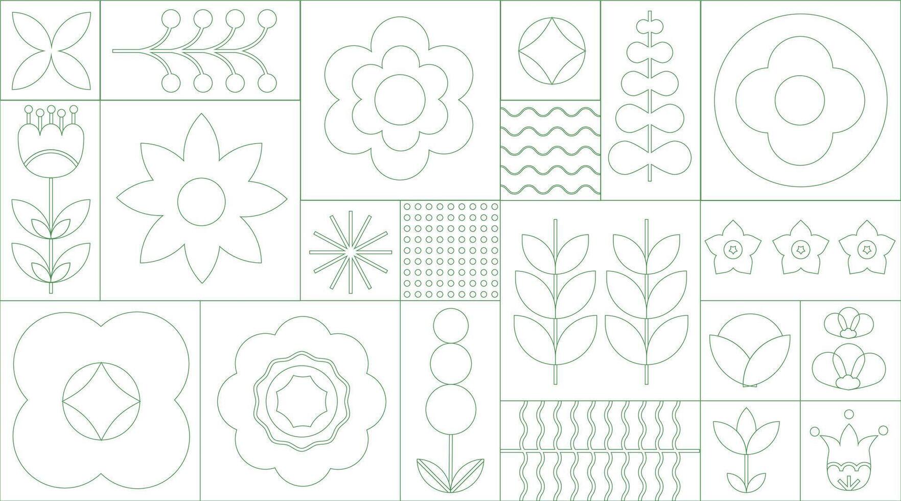 Green geometric seamless line floral eco pattern. Mosaic background with flowers, plants and simple shapes in Bauhaus style. Natural flower plant, abstract eco concept. Vector minimal banner