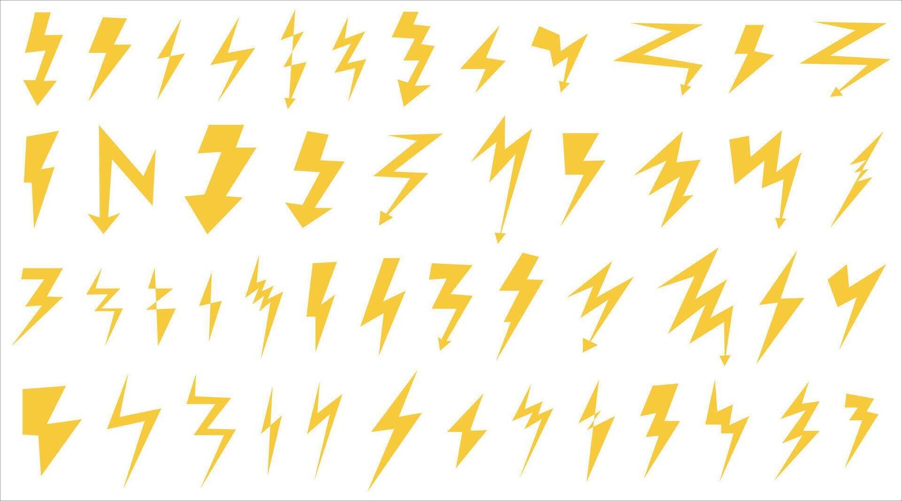 Set of different yellow lightning icons. Simple icon of storm or thunder and lightning strike. Isolated on white background vector illustration in flat style. Retro Y2k style.