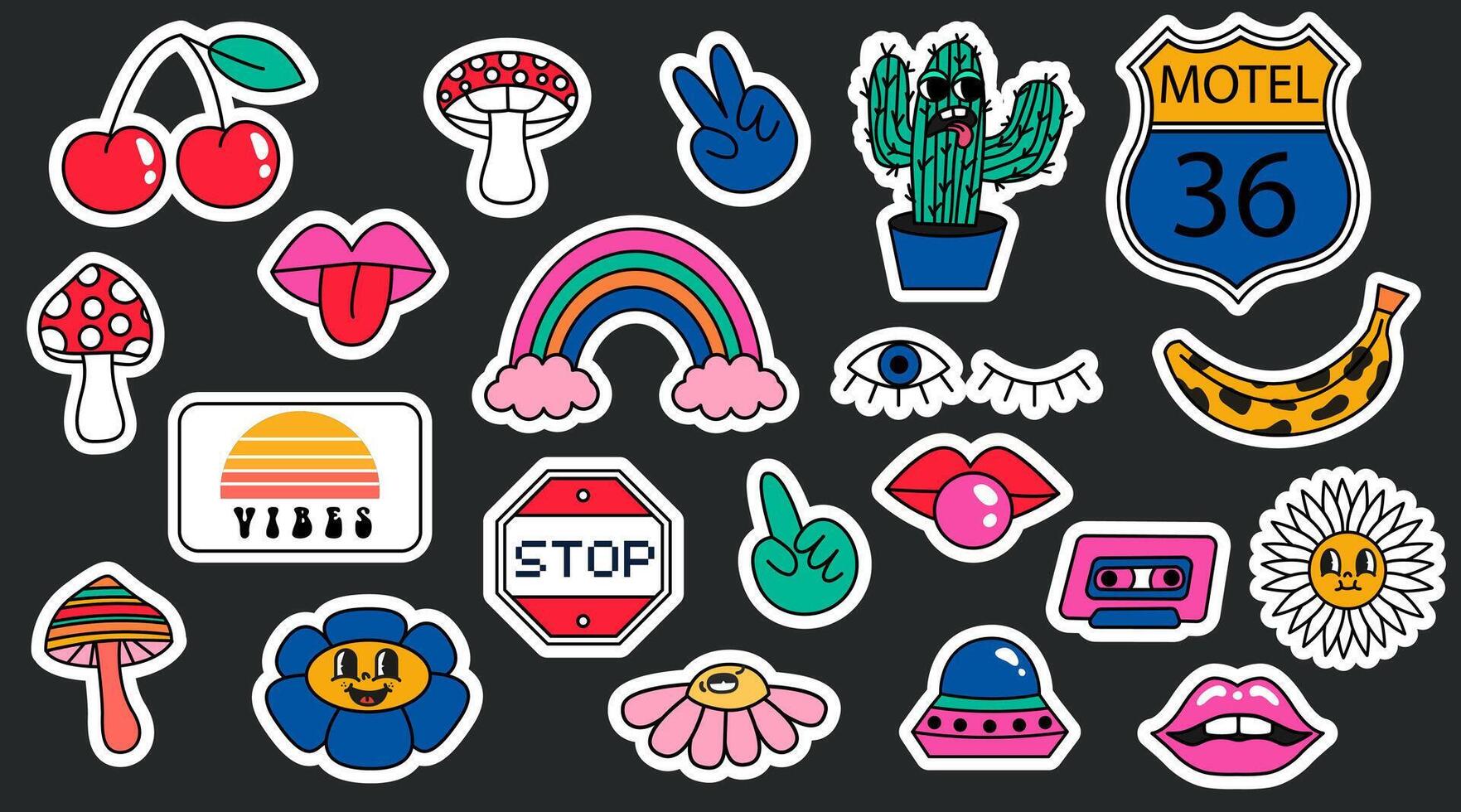 Set of trendy retro Y2k stickers pack. Cool funky cartoon stickers. Geometric shapes and elements. Vector illustration of 60s, 70s, 80s groove elements.