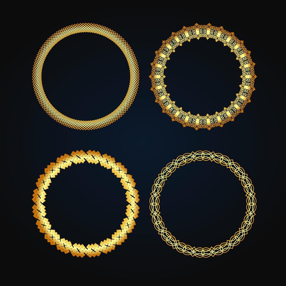 Gold Halftone round frame. Golden luxury Halftone circle logo. Dots emblem. Dotted texture border. Vector illustration isolated on Black background.