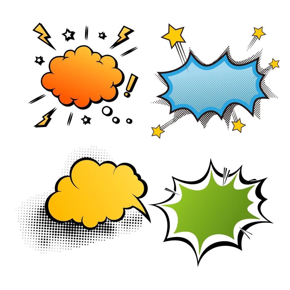 Comic speech bubbles set with different emotions. Vector bright dynamic cartoon illustrations isolated on white background.
