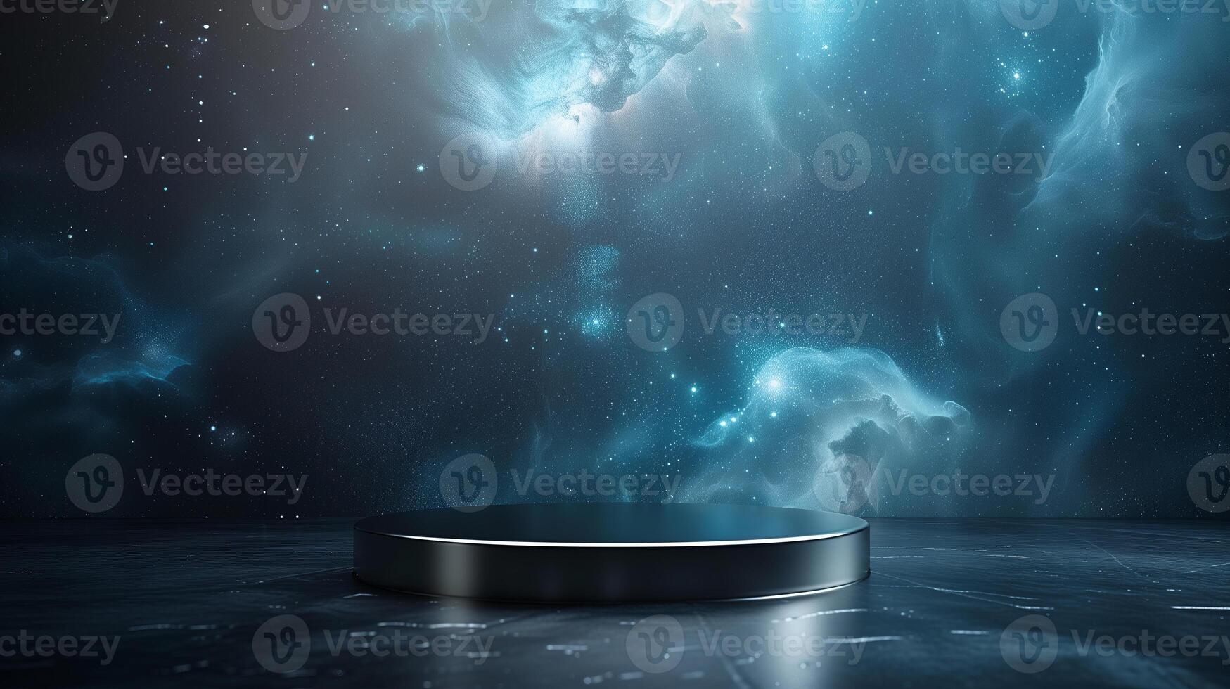 AI generated empty black metalic podium on blue star galaxy background for product presentation photo