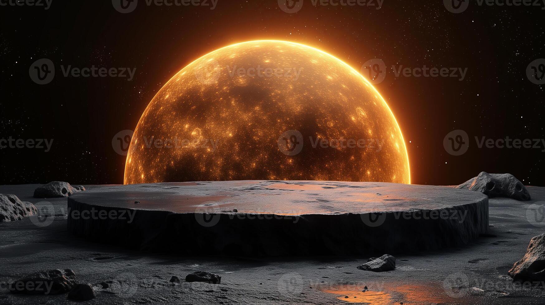 AI generated empty black rock podium on space with orange planet and stars in the background photo