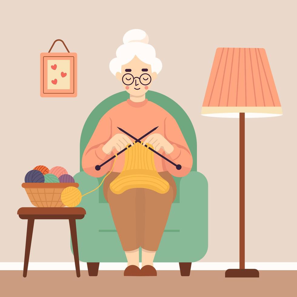 Elderly woman knitting sweater in living room. Vector illustration