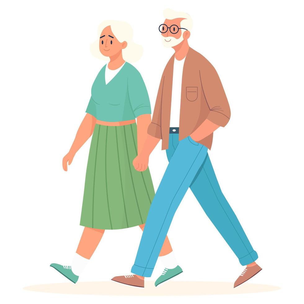 An elderly couple is walking hand in hand. Vector illustration.