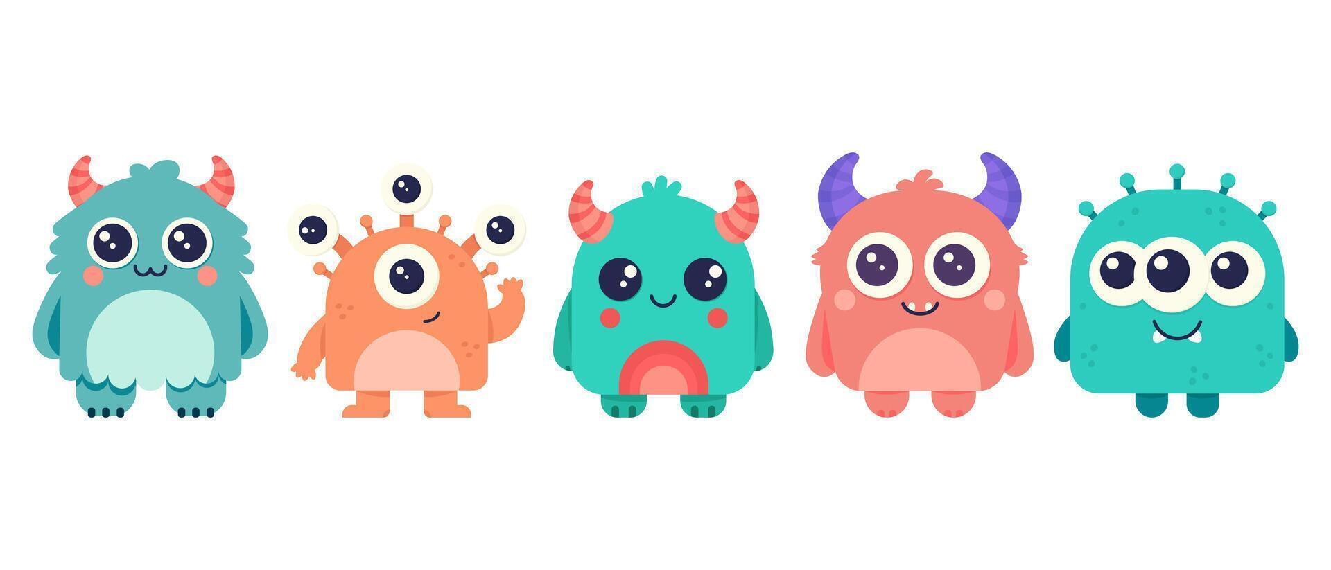 Set of cute monsters. Cartoon character for children. Vector illustration