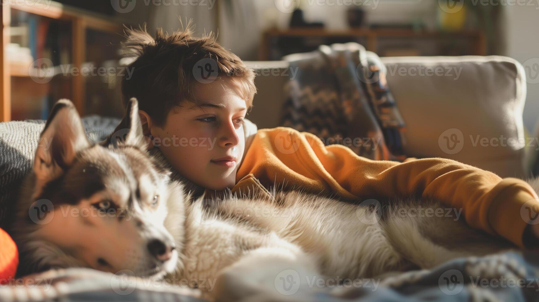 AI generated A boy hugging his dog pet while watching television together, a joyful moment between a teenage boy and his Siberian Husky photo